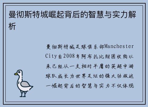 曼彻斯特城崛起背后的智慧与实力解析